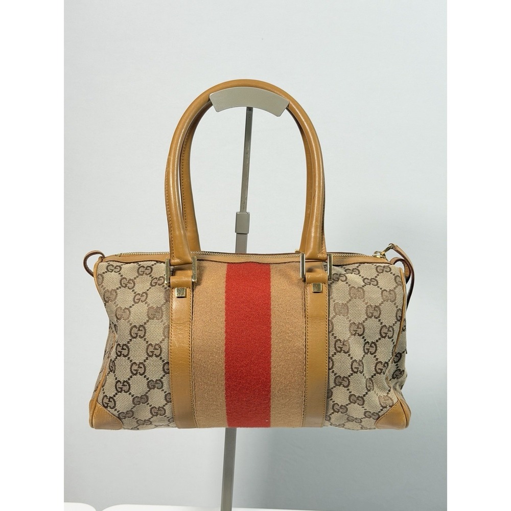 GUCCI Mini Boston Bag Shoulder Bag Canvas Beige Sherry Line Authentic Ladies0037 - Picture 9 of 16